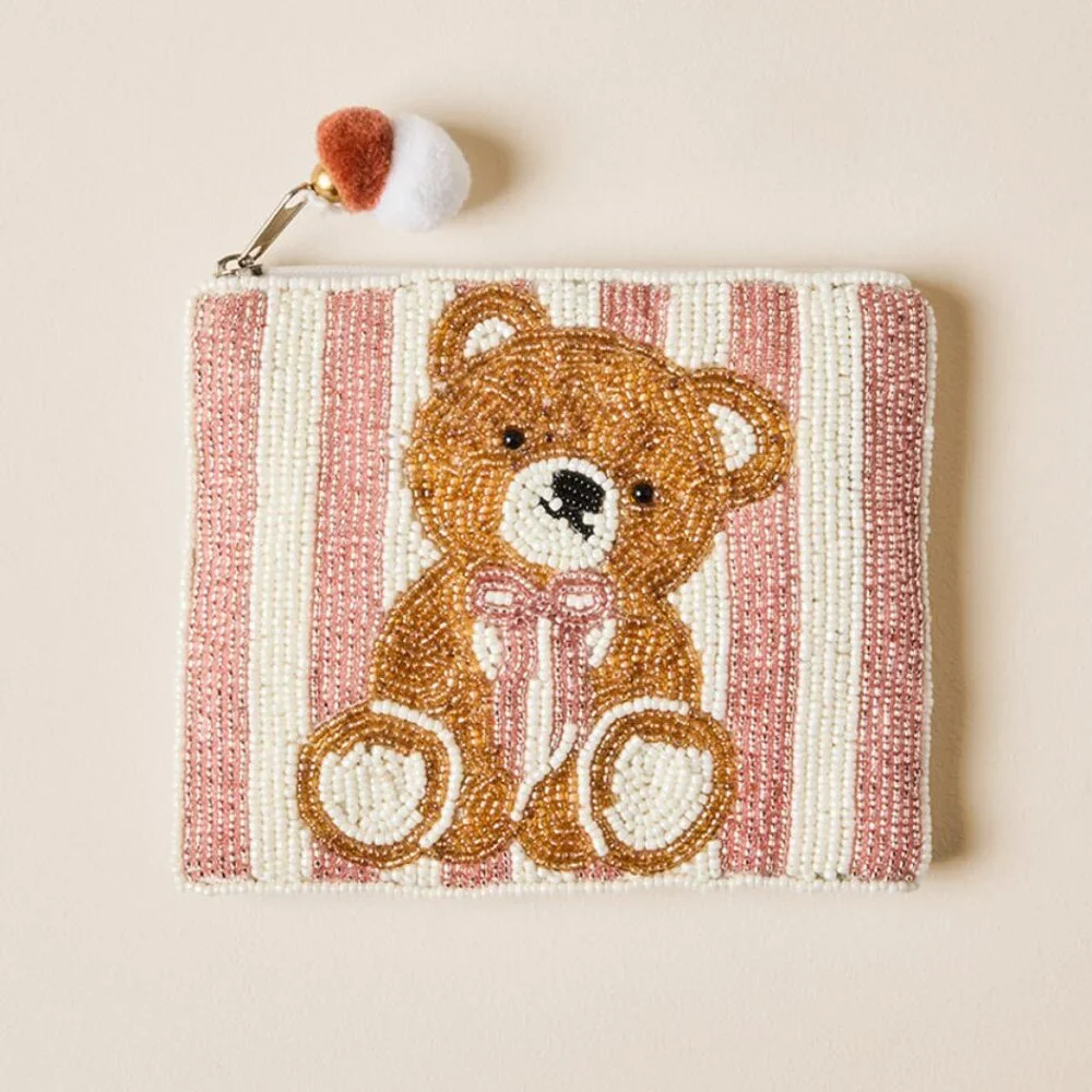 Viral Beaded Bear Pouch Pink Seed Bead Mini Pom-Pom Zipper Pull Coquette Bow NWT